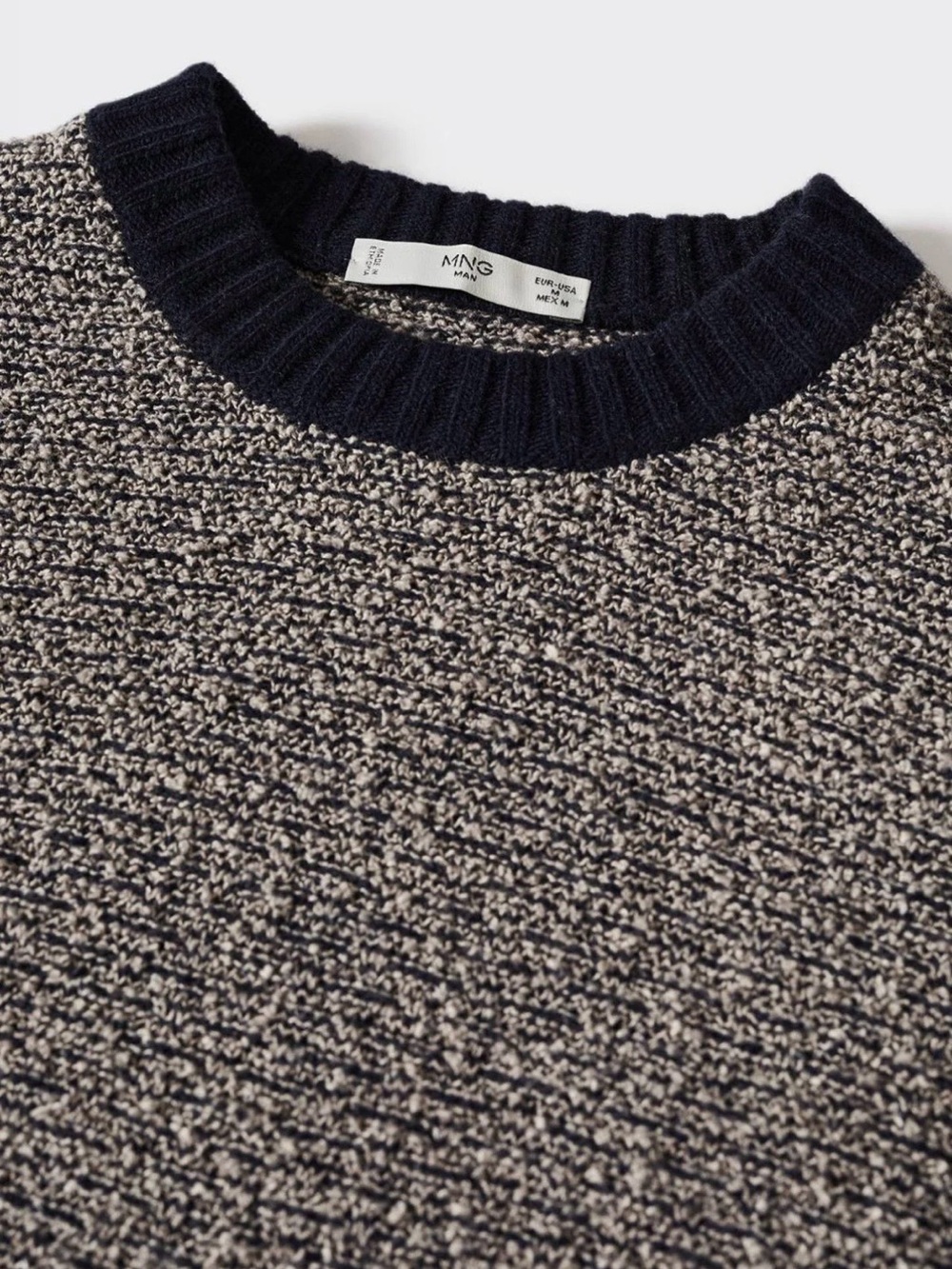 Mango Man Italian Yarn Textured Navy and Taupe Crewneck Sweater